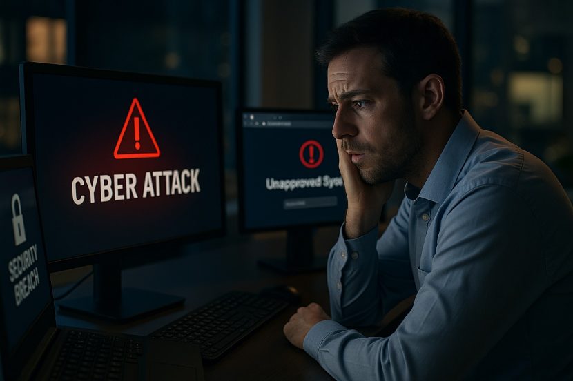 An employee looking at a screen that says cyber attack
